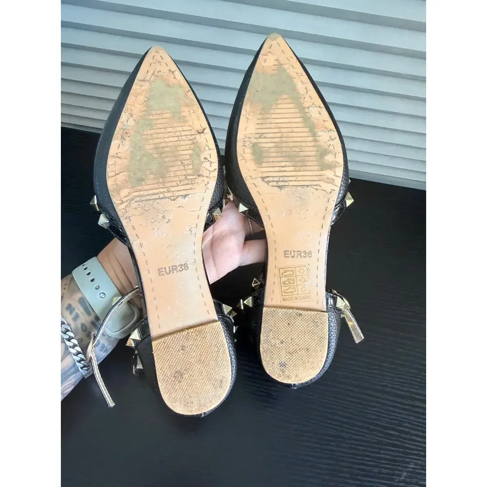 Black Studded T-Strap Pointed Toe Flats Womens EUR 36 Rockstud Style Ankle Strap - Picture 9 of 15